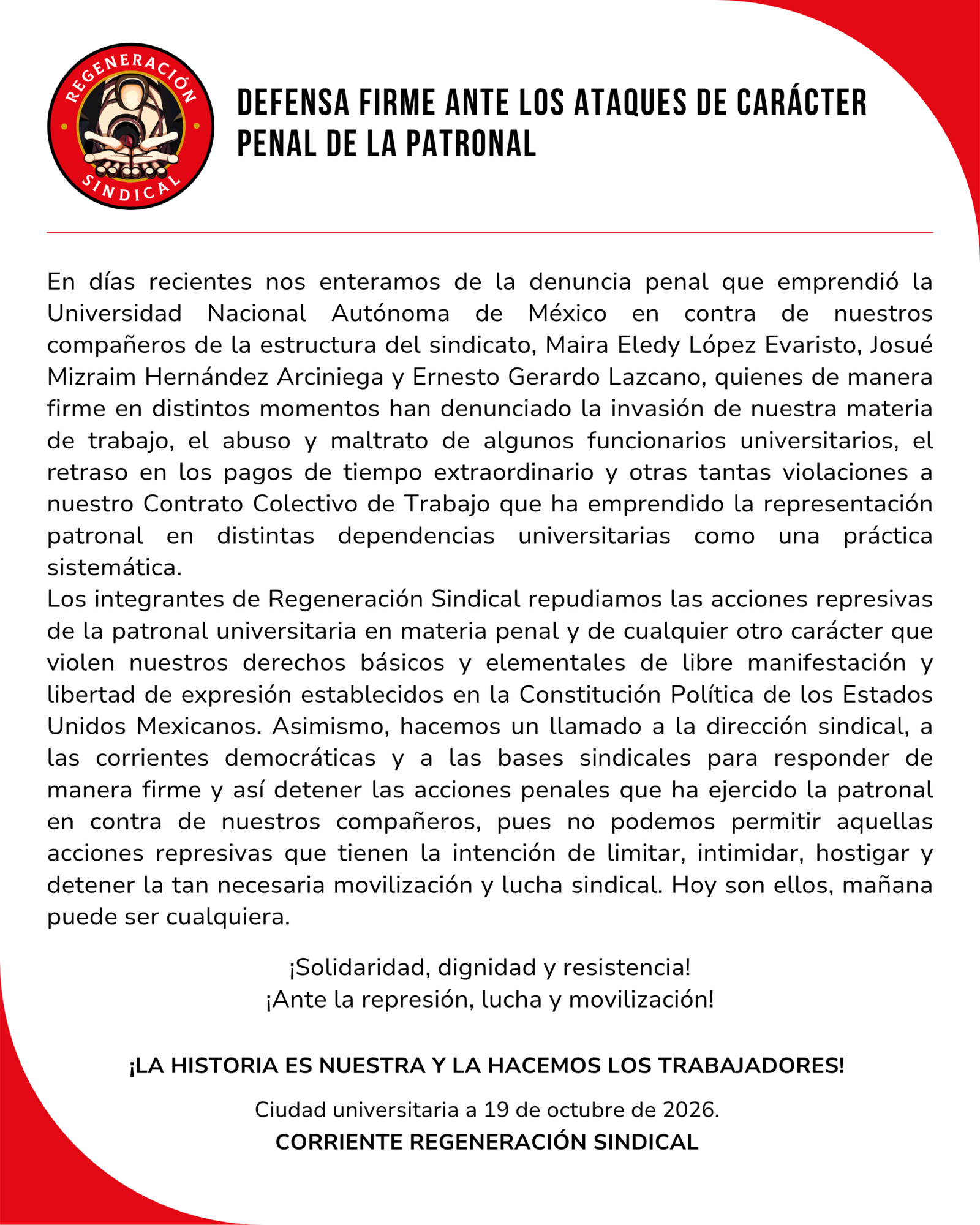 Defensa firme ante los ataques de carácter penal de la patronal